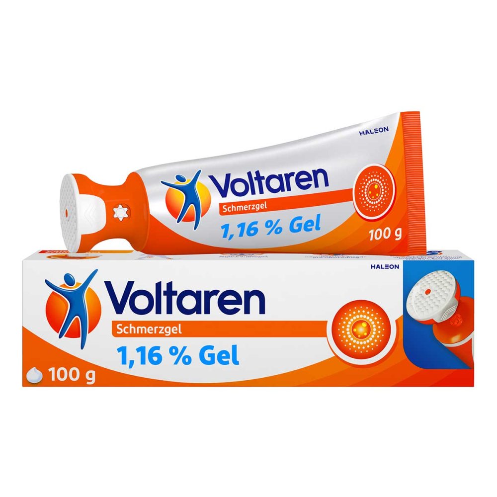 Das Produktfoto zeigt Voltaren Schmerzgel 1,16% Gel Komf.-Applikator (100 g) PZN 12732027