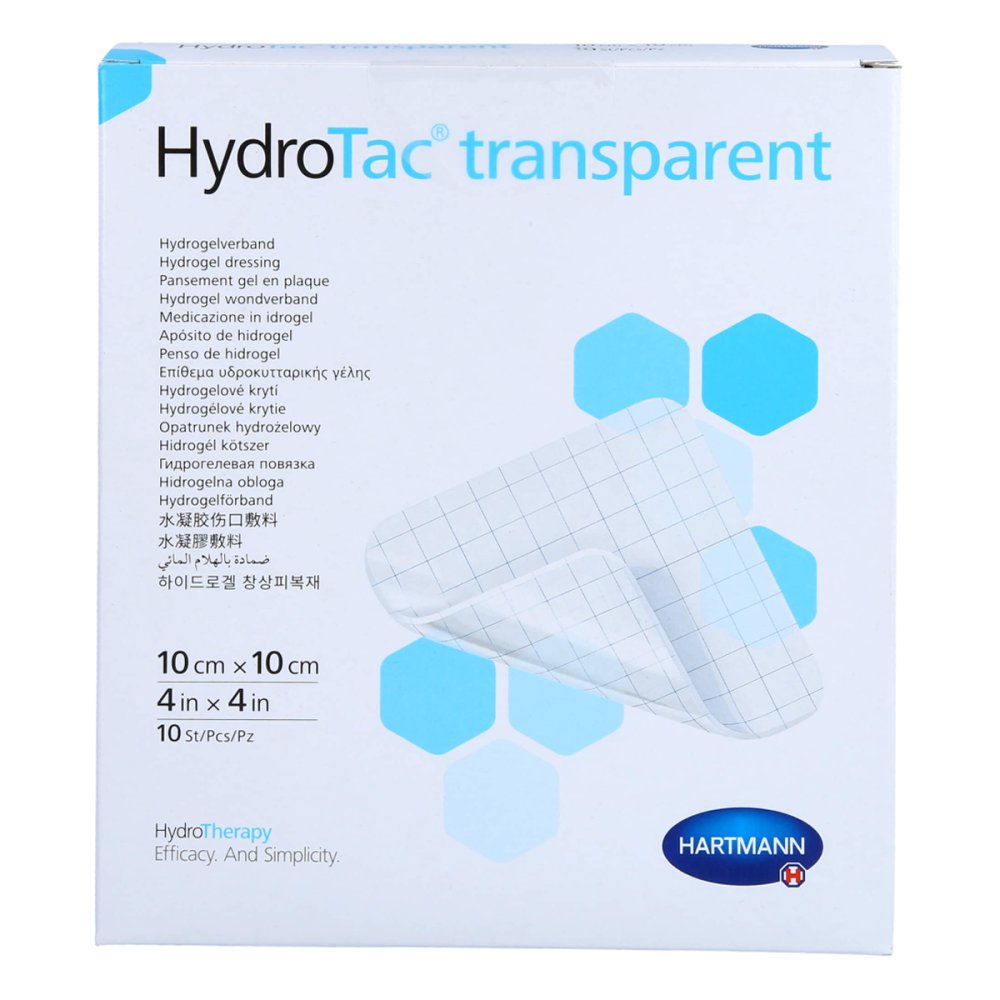 Das Produktfoto zeigt Hydrotac Transparent Hydrogelverb.10x10 Cm (10 stk) PZN 12801691