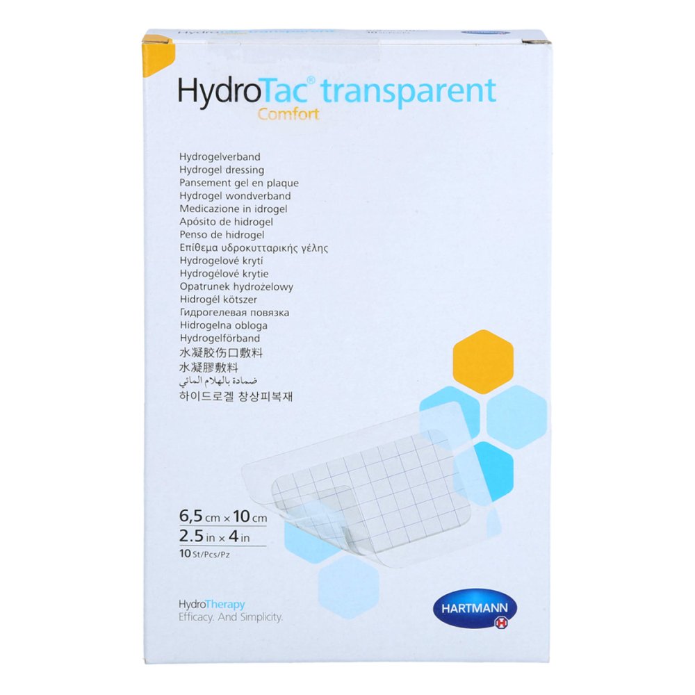 Das Produktfoto zeigt Hydrotac Transparent Comfort Hydrogelv.6,5x10 Cm (10 stk) PZN 12801768