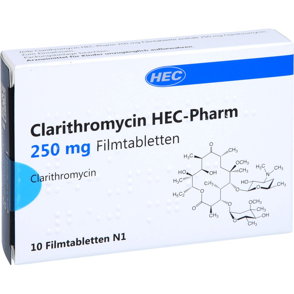Das Produktfoto zeigt Clarithromycin Hec-Pharm 250 Mg Filmtabletten (10 stk) PZN 12872739