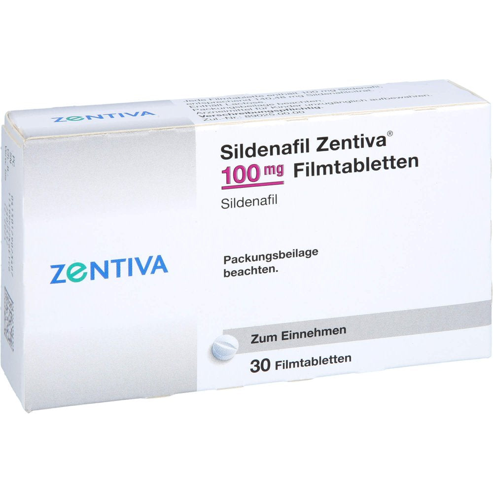 Das Produktfoto zeigt Sildenafil Zentiva 100 Mg Filmtabletten (30 stk) PZN 12902340