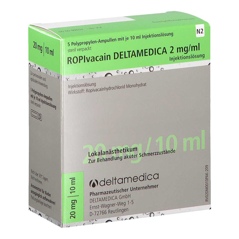 Das Produktfoto zeigt Ropivacain Deltamedica 2 Mg/Ml Injektionslösung (5X10 ml) PZN 13158168