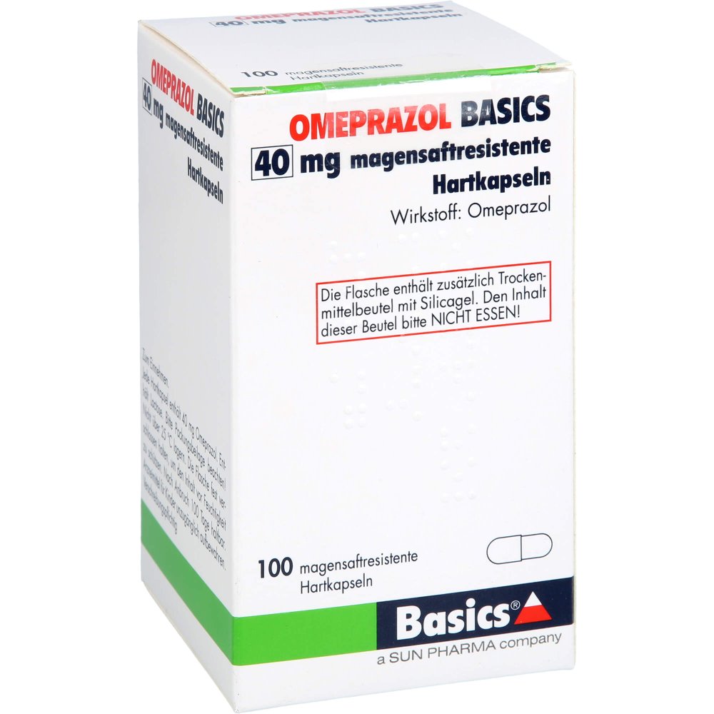 Das Produktfoto zeigt Omeprazol Basics 40 Mg Magensaftresist.Hartkapseln (100 stk) PZN 13234780