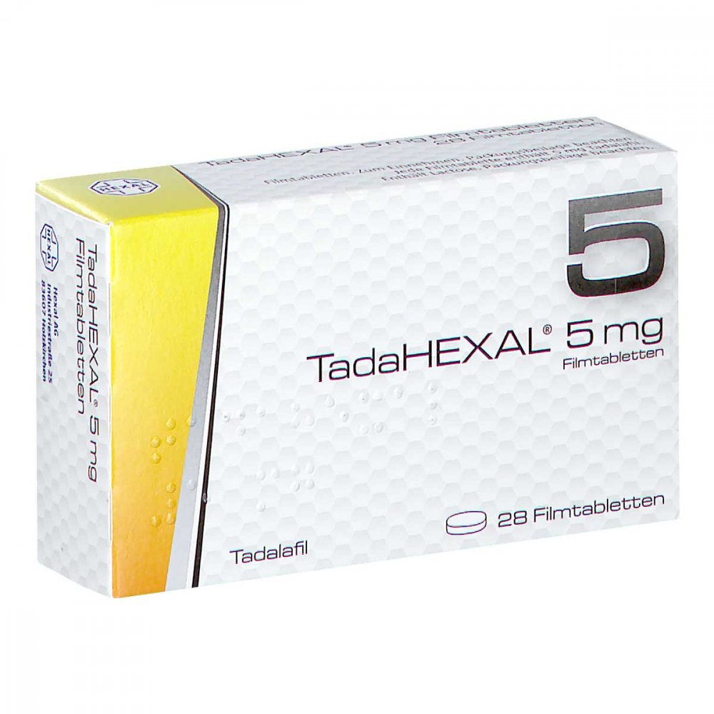 Das Produktfoto zeigt Tadahexal 5 Mg Filmtabletten (28 stk) PZN 13245401