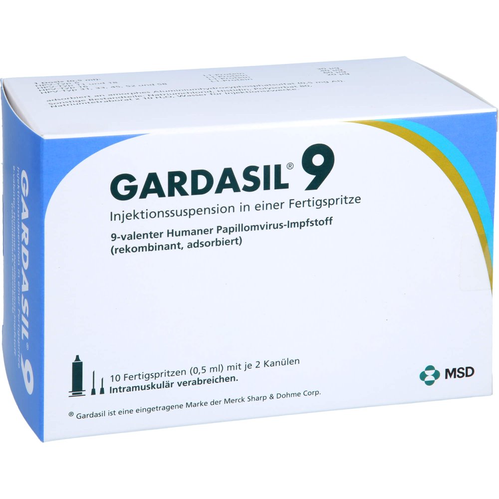 Das Produktfoto zeigt Gardasil 9 Inj.-Sus.I.E.Fertigspritze (10 stk) PZN 13246582