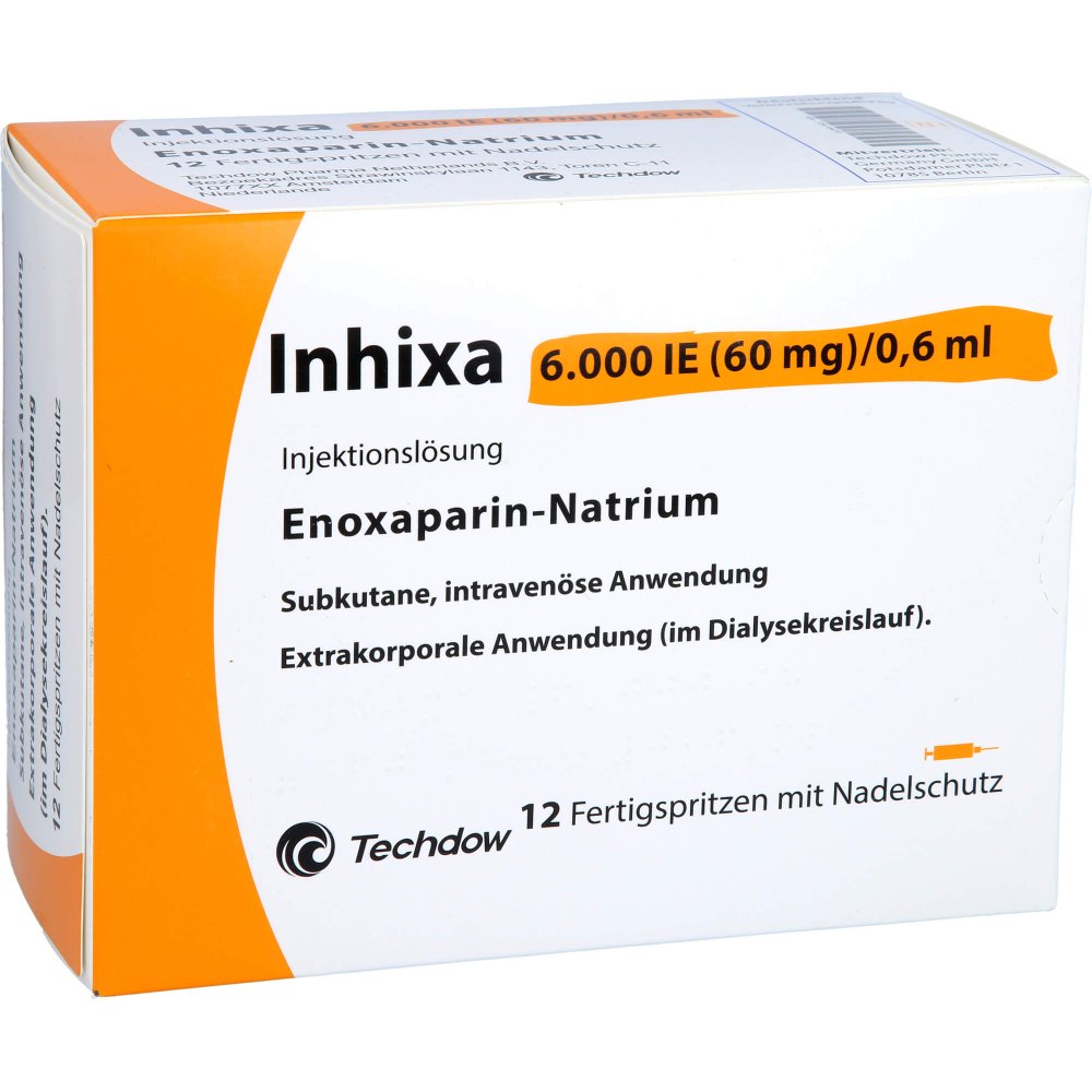 Das Produktfoto zeigt Inhixa 6.000 I.E. 60 Mg/0,6 Ml Ilo F.Sp.+Sich-Sys. (12 stk) PZN 13415470