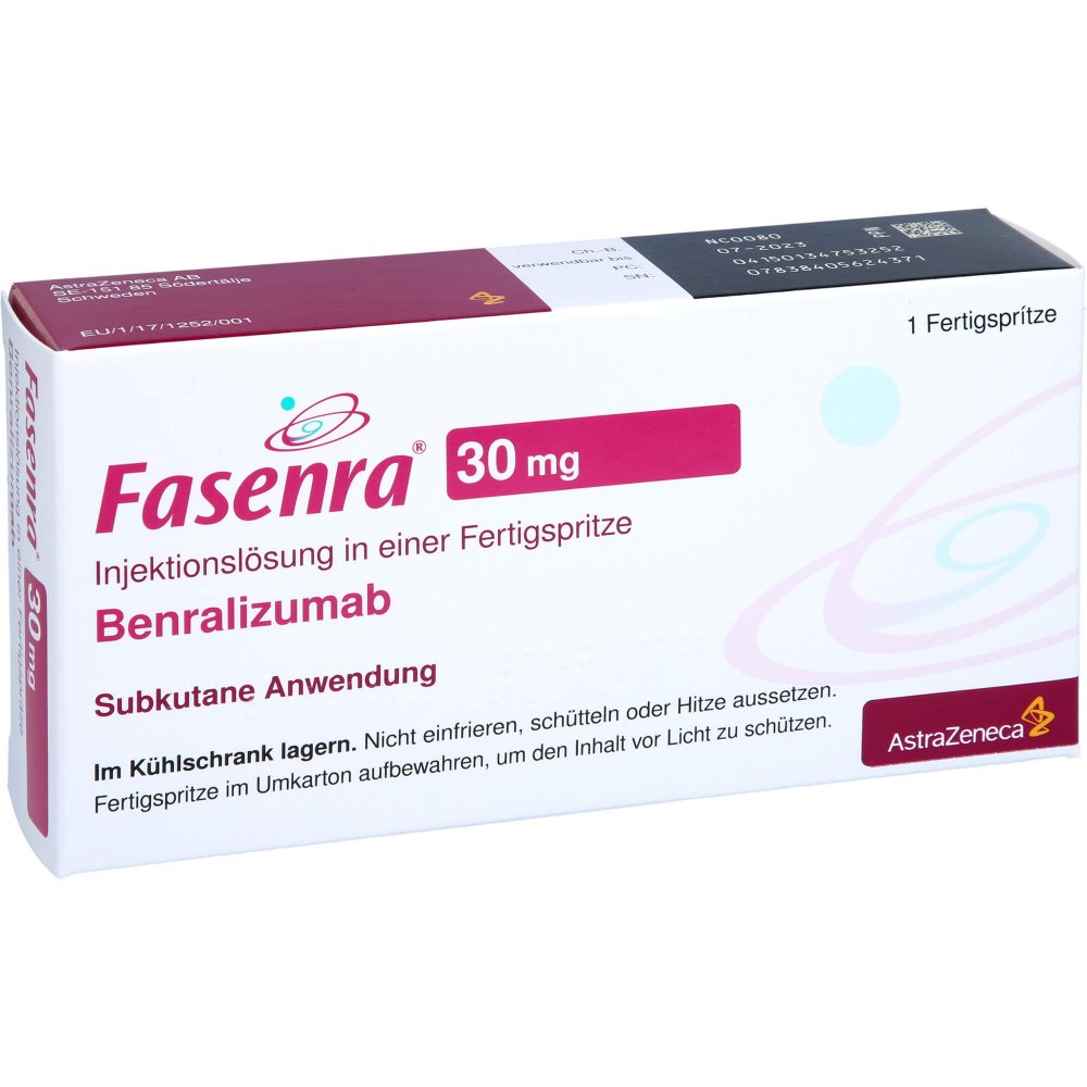 Das Produktfoto zeigt Fasenra 30 Mg Injektionslösung I.E.Fertigspritze (1 stk) PZN 13475325