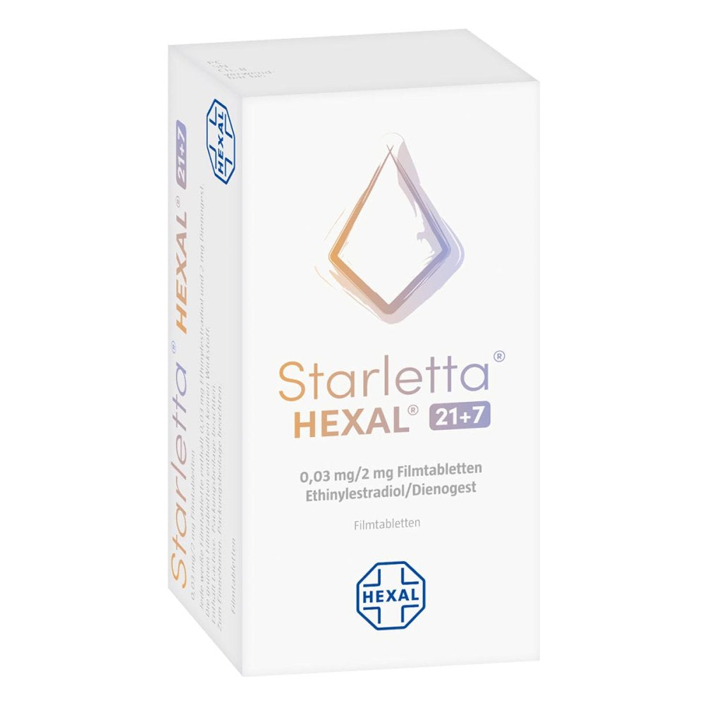Das Produktfoto zeigt Starletta Hexal 21+7 0,03 Mg/2 Mg Filmtabletten (84 stk) PZN 13569463