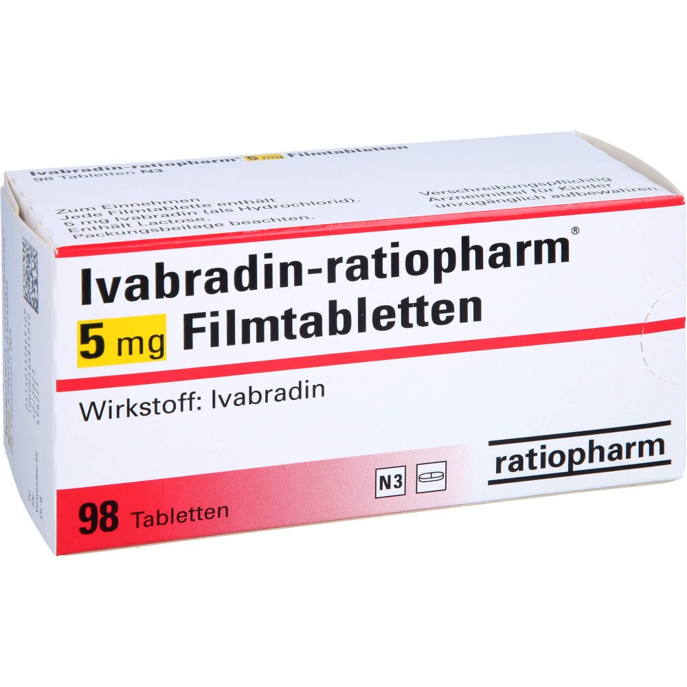 Das Produktfoto zeigt Ivabradin-Ratiopharm 5 Mg Filmtabletten (98 stk) PZN 13586912