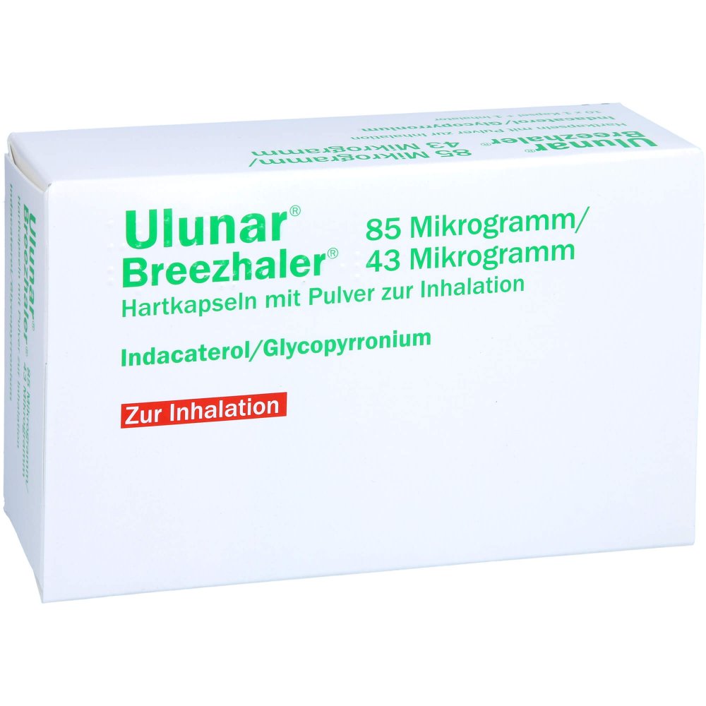 Das Produktfoto zeigt Ulunar Breezhaler 85 Μg/43 Μg Hartkps.M.Plv.Z.Inh. (10 stk) PZN 13587946