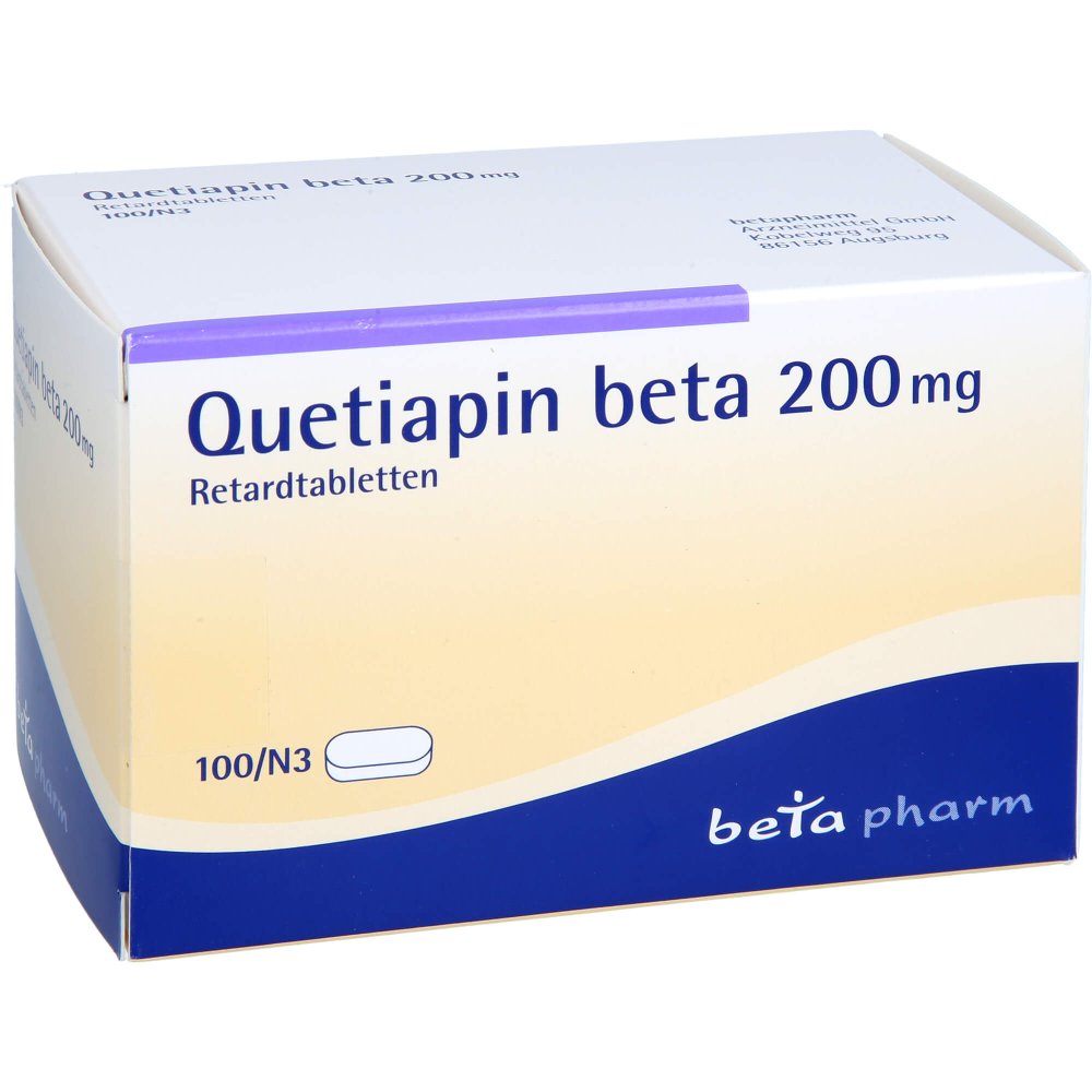 Das Produktfoto zeigt Quetiapin Beta 200 Mg Retardtabletten (100 stk) PZN 13700130