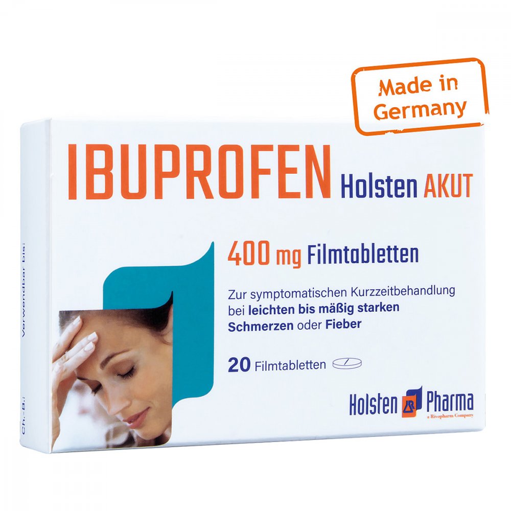 Das Produktfoto zeigt Ibuprofen Holsten Akut 400 Mg Filmtabletten (20 stk) PZN 13716384