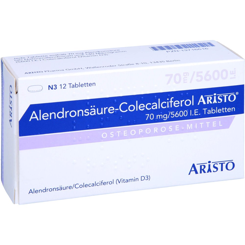 Das Produktfoto zeigt Alendronsäure-Colecalciferol Aristo 70 Mg/5600 I.E (12 stk) PZN 13716616