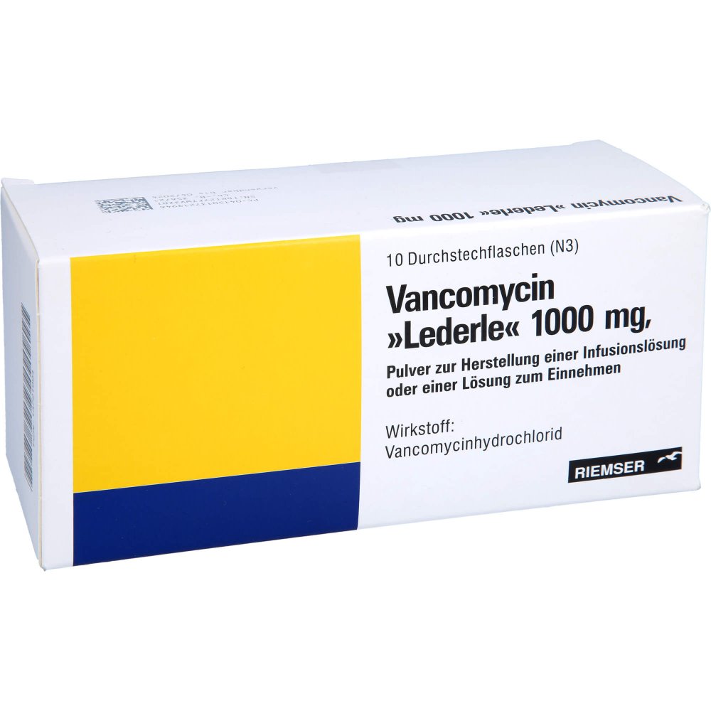 Das Produktfoto zeigt Vancomycin Lederle 1000mg Plv.Z.H.E.Lsg.Z.Ein./Inf (10 stk) PZN 13721994