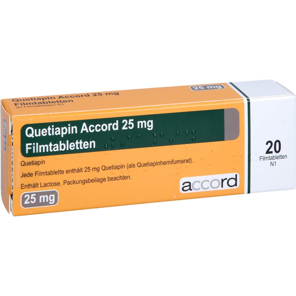 Das Produktfoto zeigt Quetiapin Accord 25 Mg Filmtabletten (20 stk) PZN 13722752