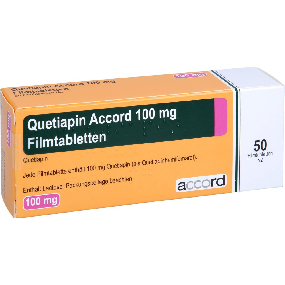 Das Produktfoto zeigt Quetiapin Accord 100 Mg Filmtabletten (50 stk) PZN 13722806