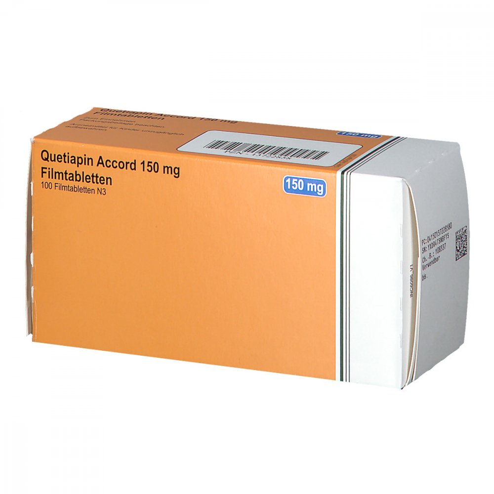 Das Produktfoto zeigt Quetiapin Accord 150 Mg Filmtabletten (100 stk) PZN 13722858