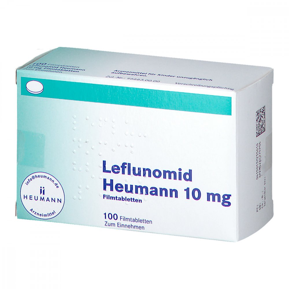 Das Produktfoto zeigt Leflunomid Heumann 10 Mg Filmtabletten (100 stk) PZN 13725561