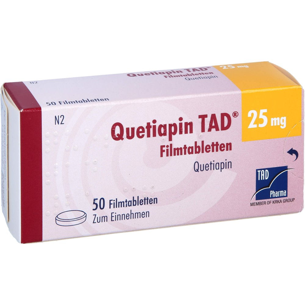 Das Produktfoto zeigt Quetiapin Tad 25 Mg Filmtabletten (50 stk) PZN 13815809