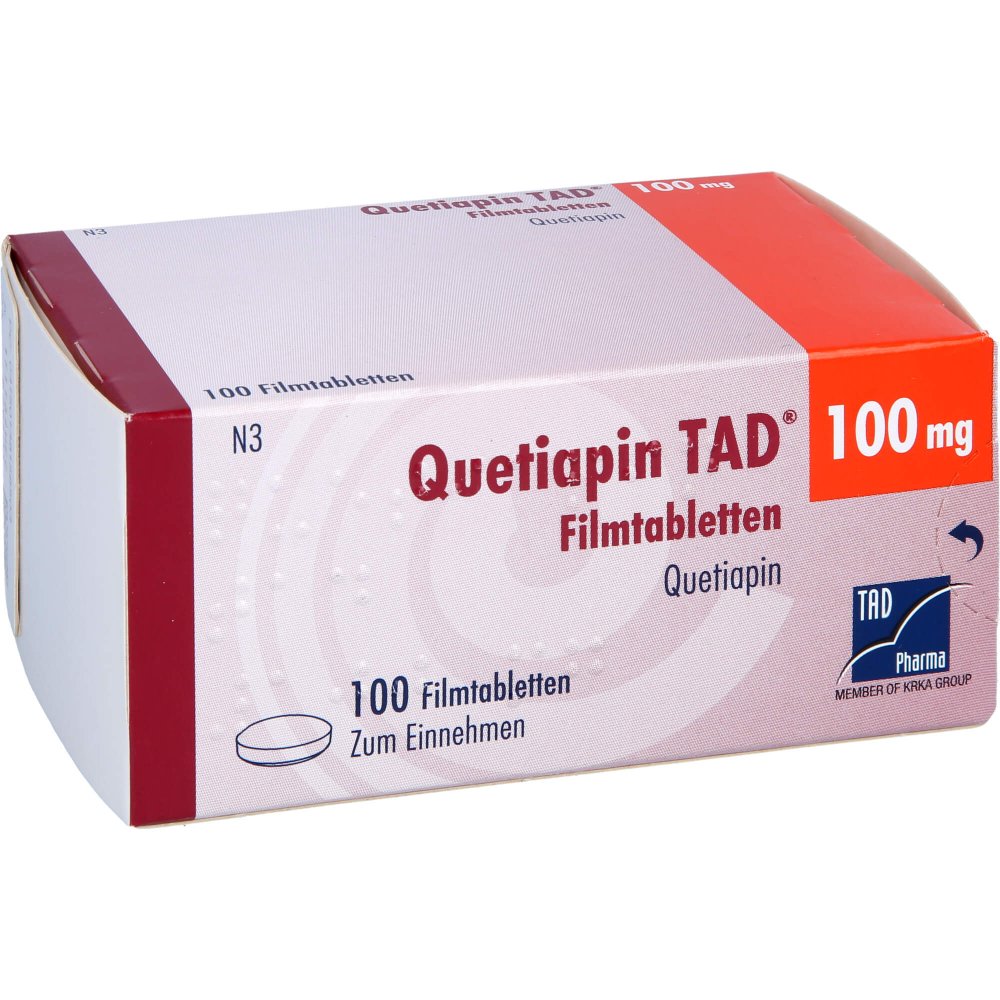 Das Produktfoto zeigt Quetiapin Tad 100 Mg Filmtabletten (100 stk) PZN 13815850