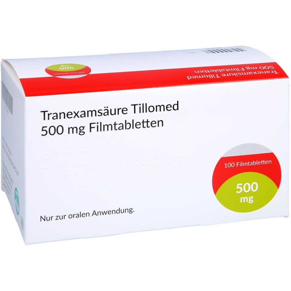 Das Produktfoto zeigt Tranexamsäure Tillomed 500 Mg Filmtabletten (100 stk) PZN 13825877