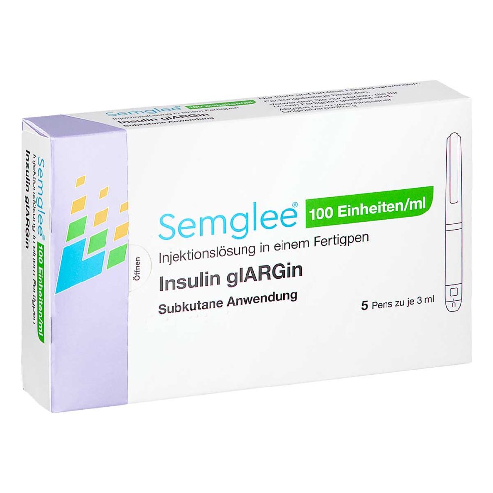 Das Produktfoto zeigt Semglee 100 E/Ml Injektionslösung I.E.Fertigpen (5X3 ml) PZN 13835031