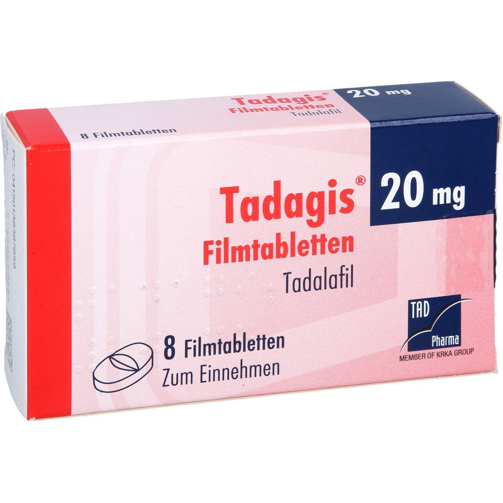 Das Produktfoto zeigt Tadagis 20 Mg Filmtabletten (8 stk) PZN 13838785