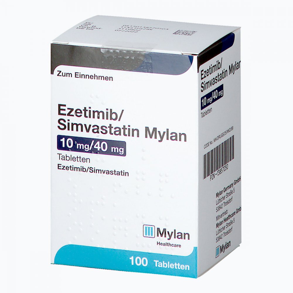 Das Produktfoto zeigt Ezetimib/Simvastatin Mylan 10 Mg/40 Mg Tabletten (100 stk) PZN 13857050