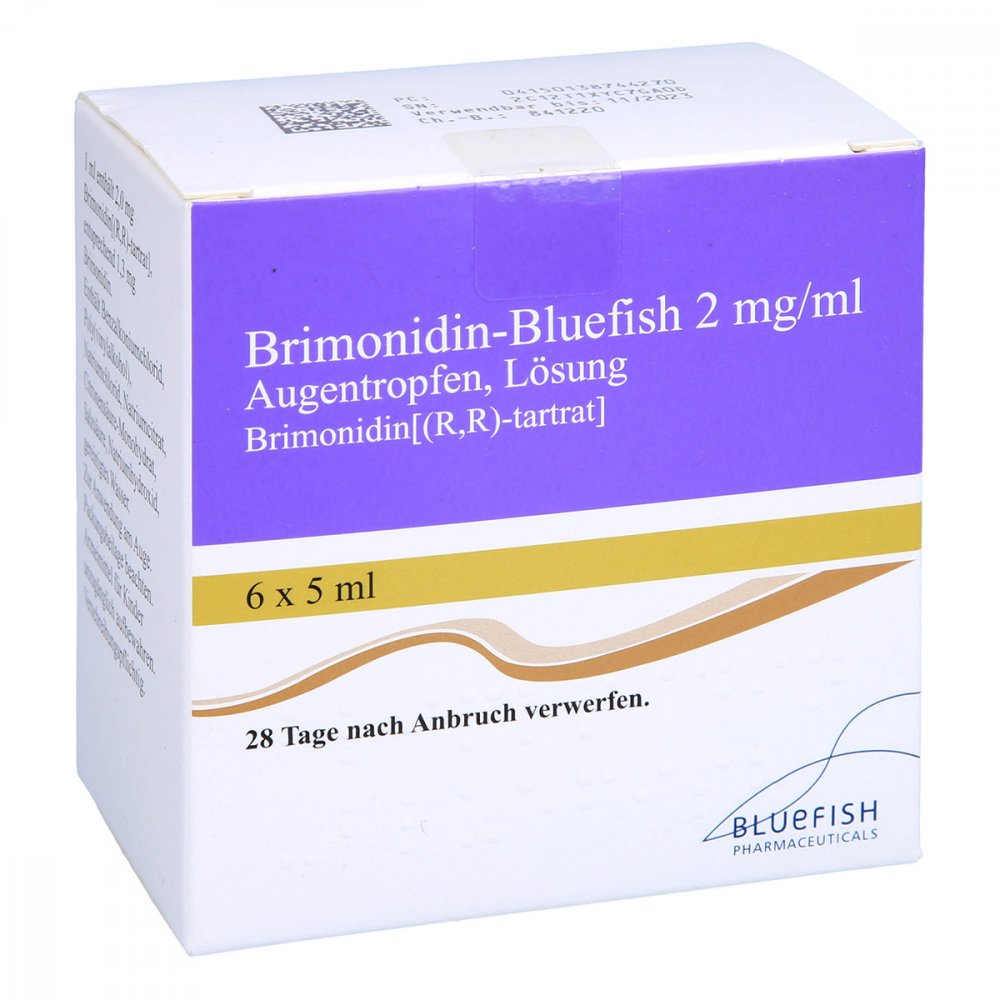 Das Produktfoto zeigt Brimonidin-Bluefish 2 Mg/Ml Augentropfen (6X5 ml) PZN 13874427