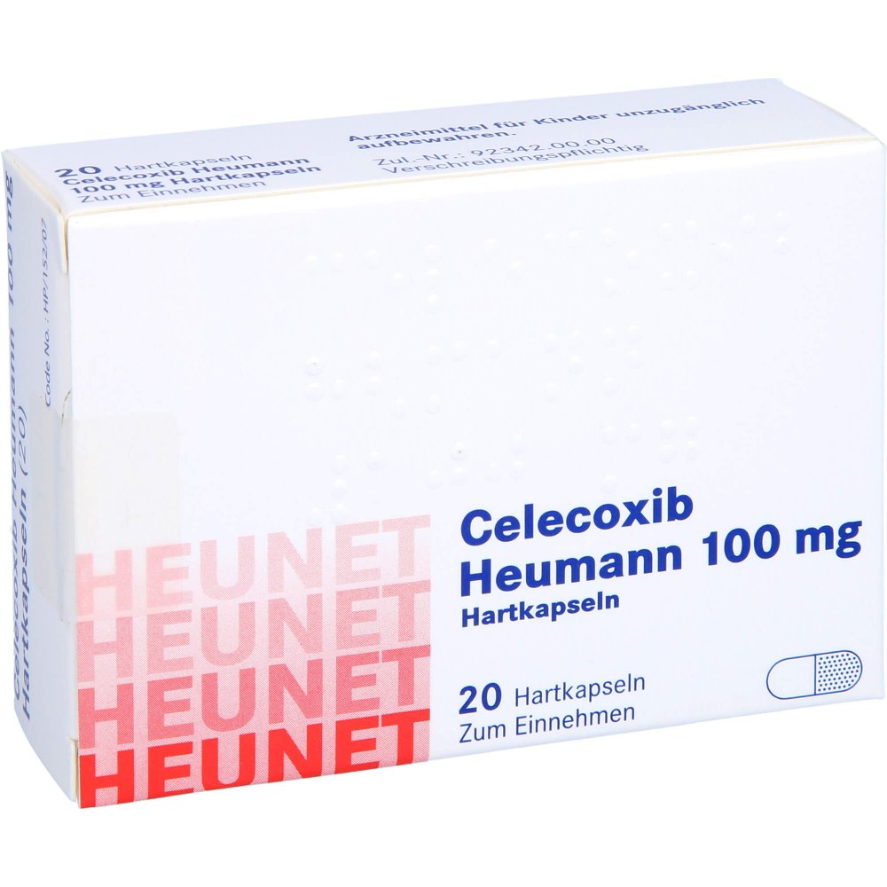 Das Produktfoto zeigt Celecoxib Heumann 100 Mg Hartkapseln Heunet (20 stk) PZN 13877070