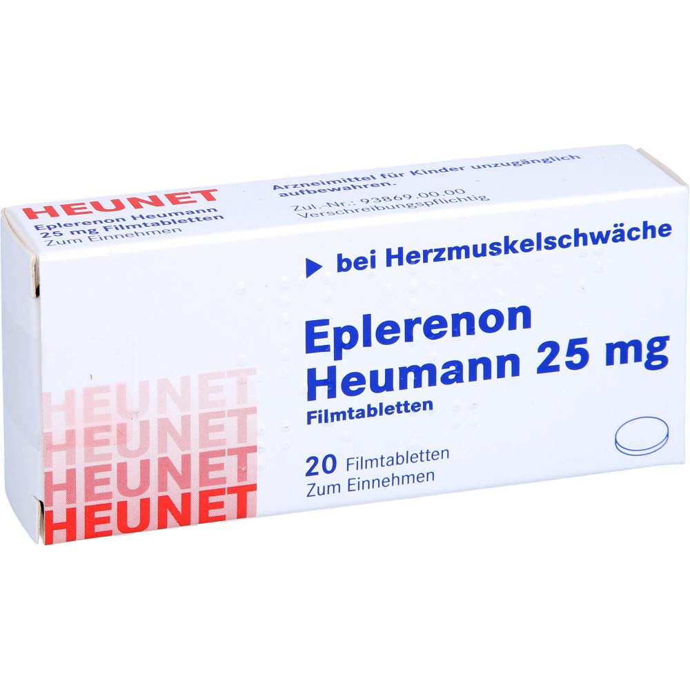 Das Produktfoto zeigt Eplerenon Heumann 25 Mg Filmtabletten Heunet (20 stk) PZN 13877176