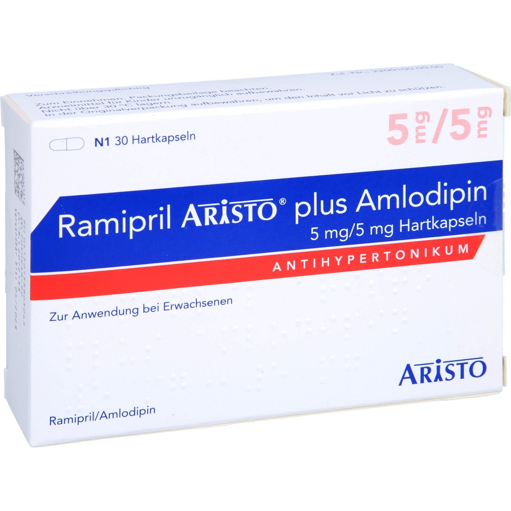 Das Produktfoto zeigt Ramipril Aristo Plus Amlodipin 5 Mg/5 Mg Hartkps. (30 stk) PZN 13880304