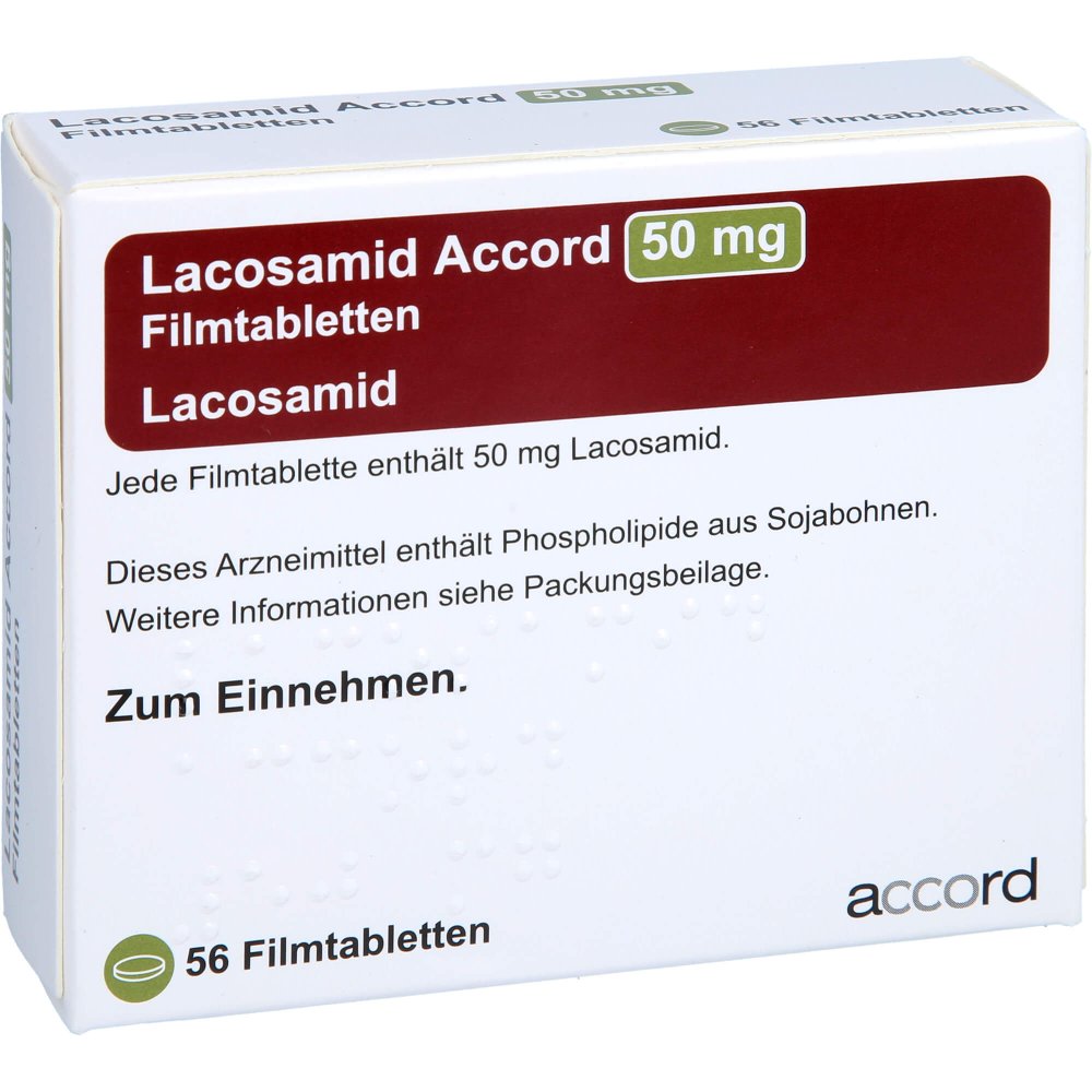 Das Produktfoto zeigt Lacosamid Accord 50 Mg Filmtabletten (56 stk) PZN 13892810