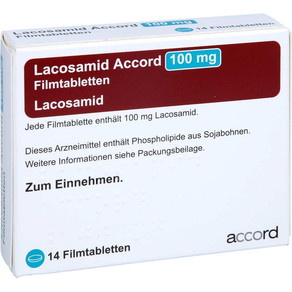 Das Produktfoto zeigt Lacosamid Accord 100 Mg Filmtabletten (14 stk) PZN 13892833