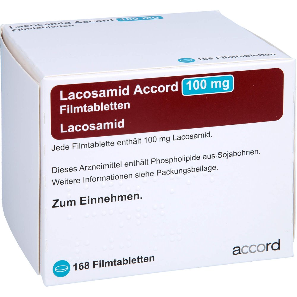 Das Produktfoto zeigt Lacosamid Accord 100 Mg Filmtabletten (168 stk) PZN 13892862