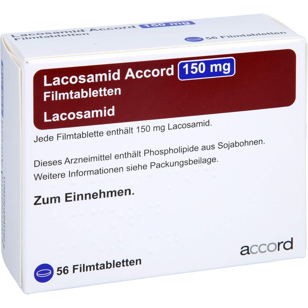 Das Produktfoto zeigt Lacosamid Accord 150 Mg Filmtabletten (56 stk) PZN 13892885