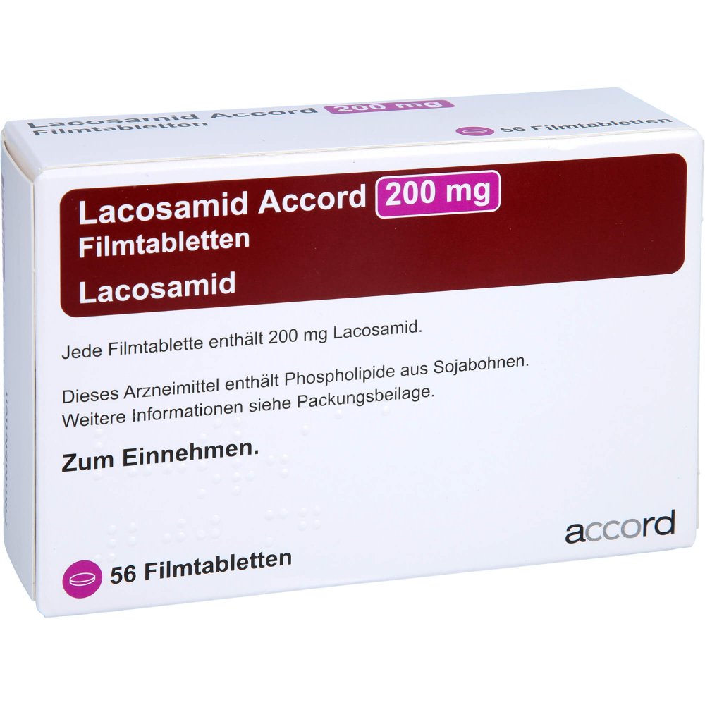 Das Produktfoto zeigt Lacosamid Accord 200 Mg Filmtabletten (56 stk) PZN 13892916