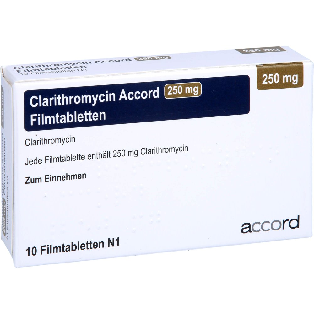 Das Produktfoto zeigt Clarithromycin Accord 250 Mg Filmtabletten (10 stk) PZN 13893198