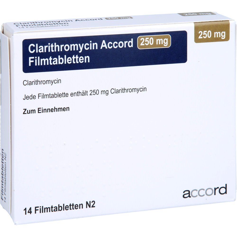 Das Produktfoto zeigt Clarithromycin Accord 250 Mg Filmtabletten (14 stk) PZN 13893212
