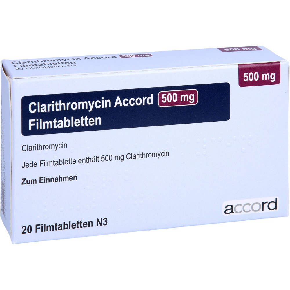 Das Produktfoto zeigt Clarithromycin Accord 500 Mg Filmtabletten (20 stk) PZN 13893258