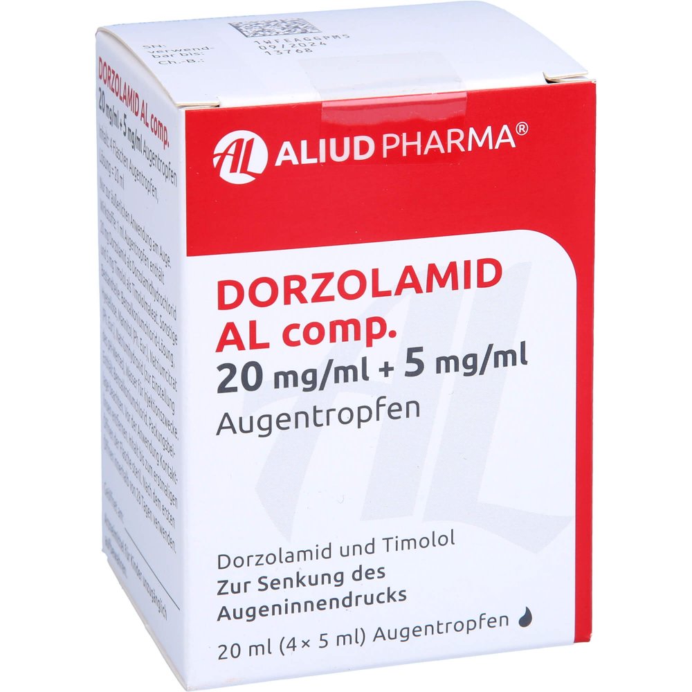 Das Produktfoto zeigt Dorzolamid Al Comp.20 Mg/Ml + 5 Mg/Ml Augentropfen (4X5 ml) PZN 13893413