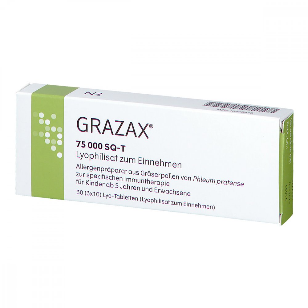 Das Produktfoto zeigt Grazax 75.000 Sq-T Lyo-Tab.Lyophilisat Z.Einnehmen (30 stk) PZN 13905493