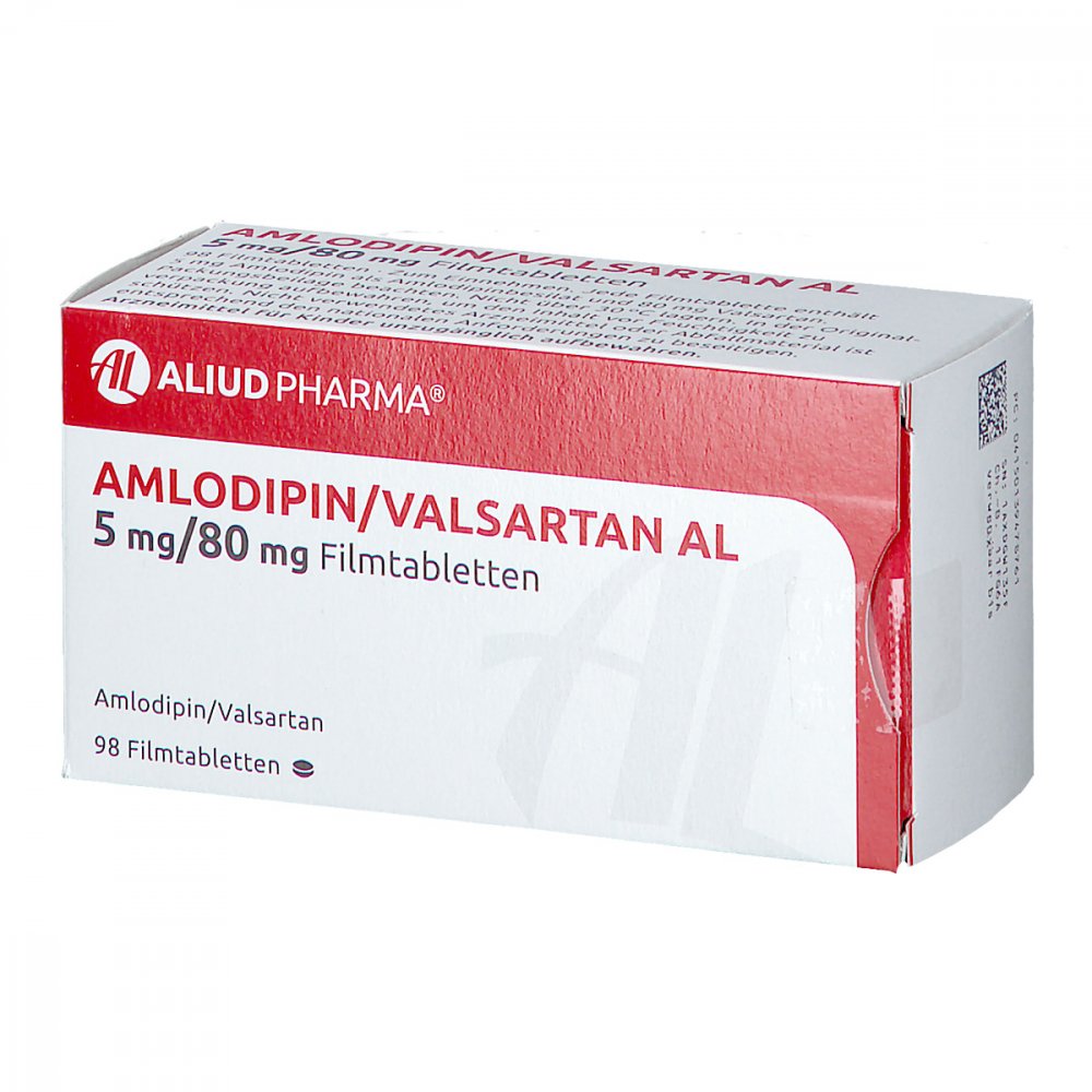 Das Produktfoto zeigt Amlodipin/Valsartan Al 5 Mg/80 Mg Filmtabletten (98 stk) PZN 13947876