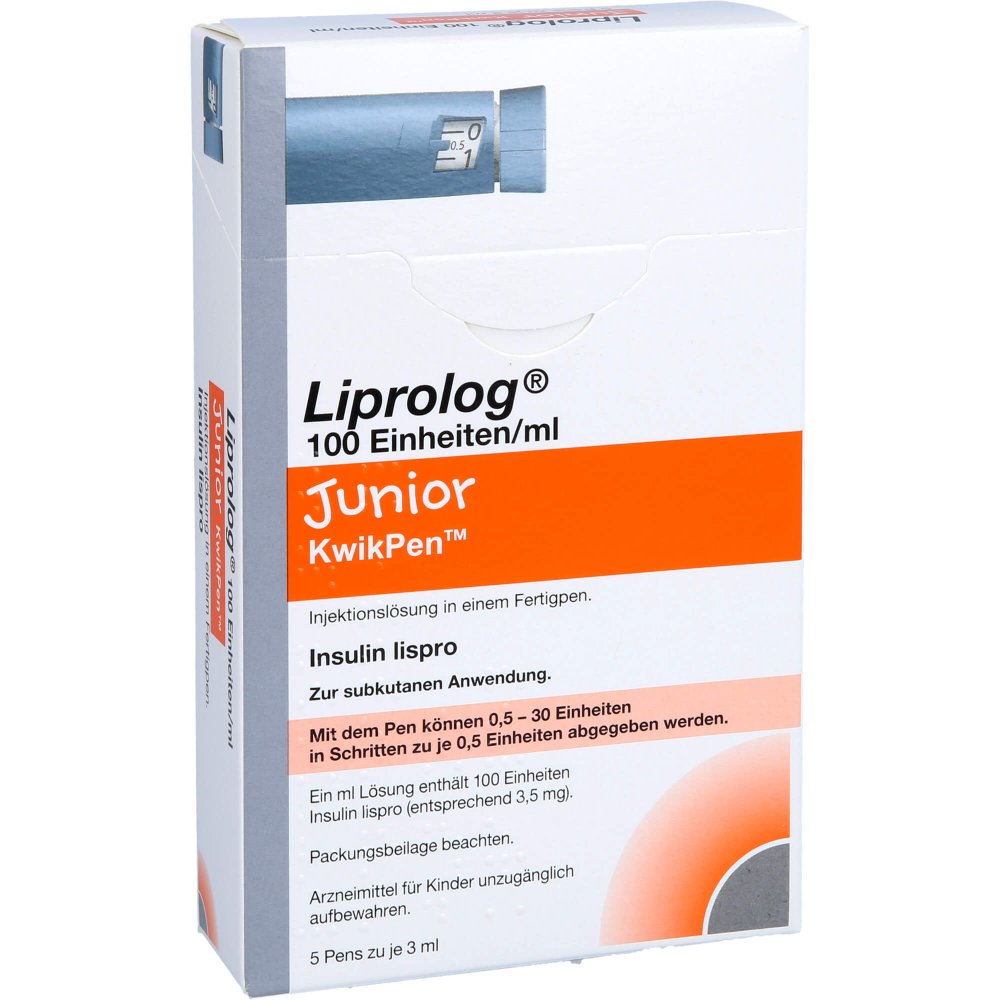 Das Produktfoto zeigt Liprolog 100 E/Ml Junior Kwikpen Inj.-L.Fertigpen (5X3 ml) PZN 13971811