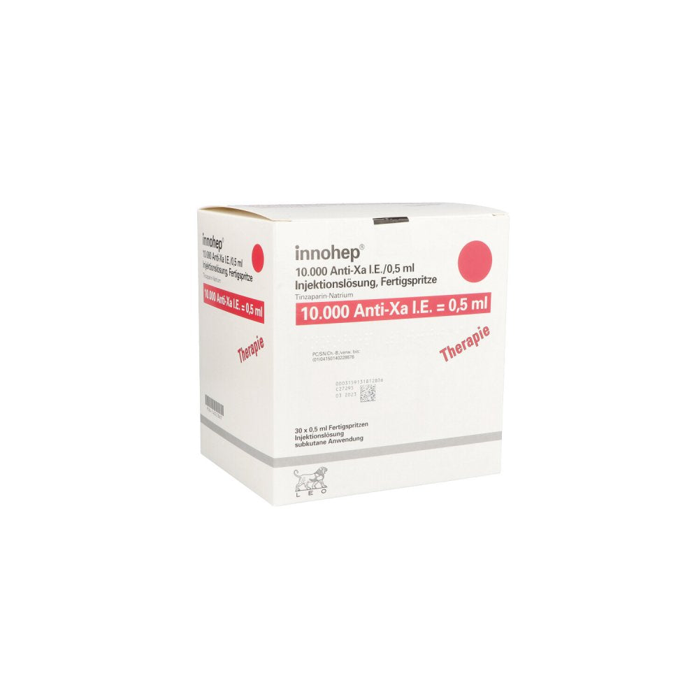 Das Produktfoto zeigt Innohep 10.000 Anti-Xa I.E./0,5ml Inj.-Lsg.I.E.Fs (30 stk) PZN 14022867