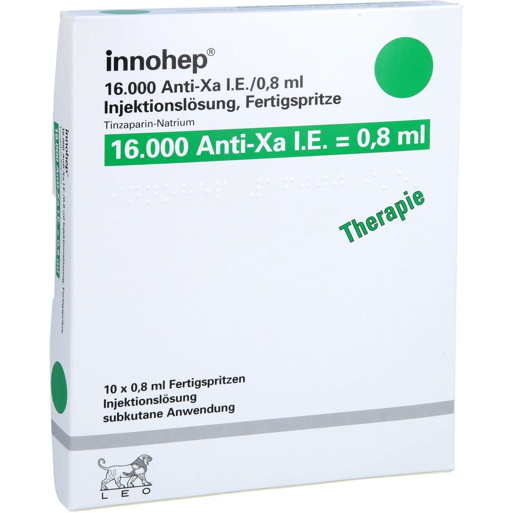 Das Produktfoto zeigt Innohep 16.000 Anti-Xa I.E./0,8ml Inj.-Lsg.I.E.Fs (10 stk) PZN 14022979