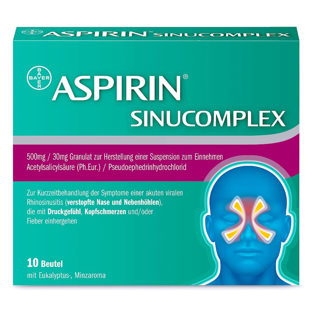Das Produktfoto zeigt Aspirin Sinucomplex 500mg/30mg Gra.Sus.-Herst.Btl. (10 stk) PZN 14036711