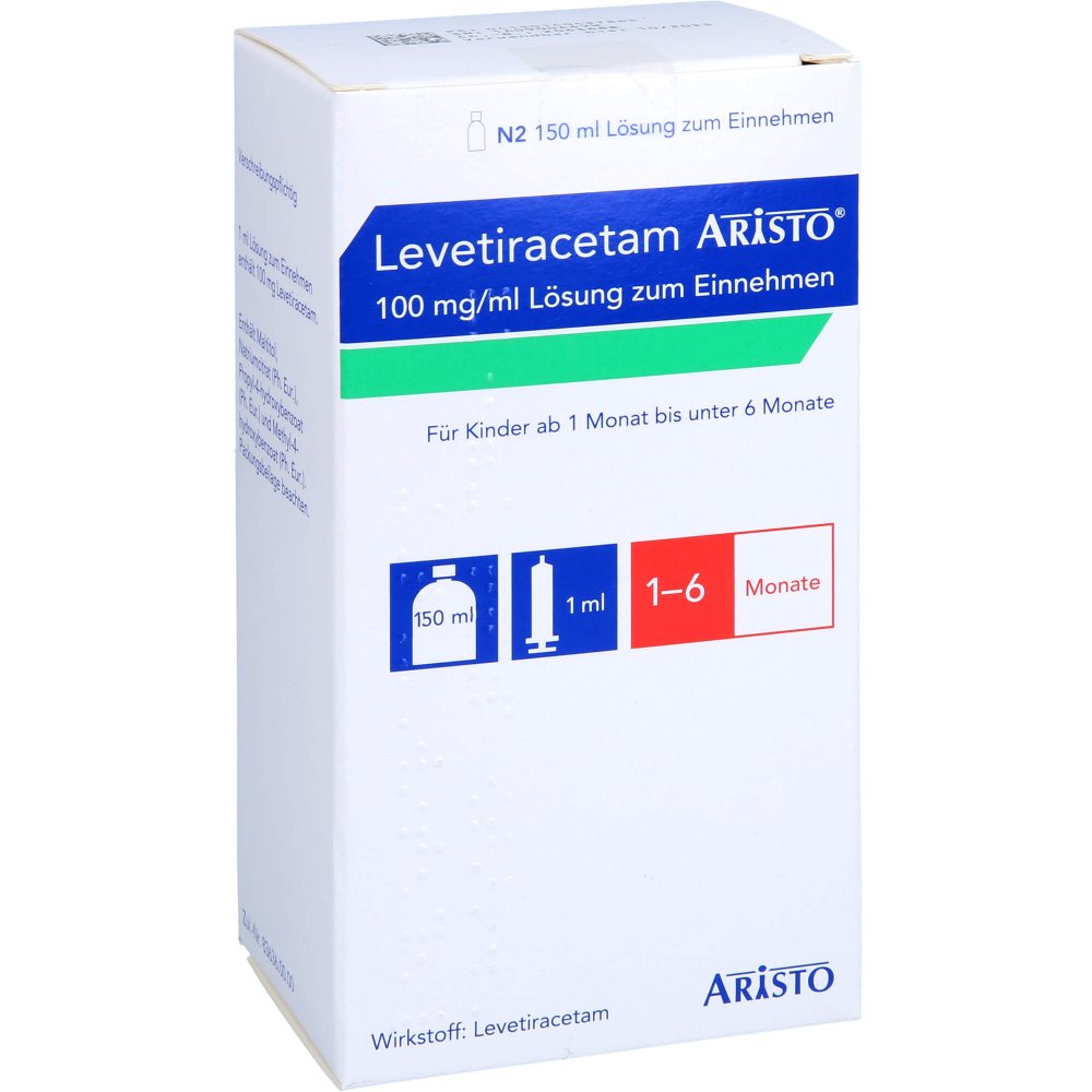 Das Produktfoto zeigt Levetiracetam Aristo 100 Mg/Ml L.Z.E.1ml Dos.Spr. (150 ml) PZN 14043786