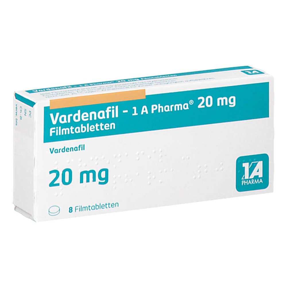 Das Produktfoto zeigt Vardenafil-1a Pharma 20 Mg Filmtabletten (8 stk) PZN 14044923