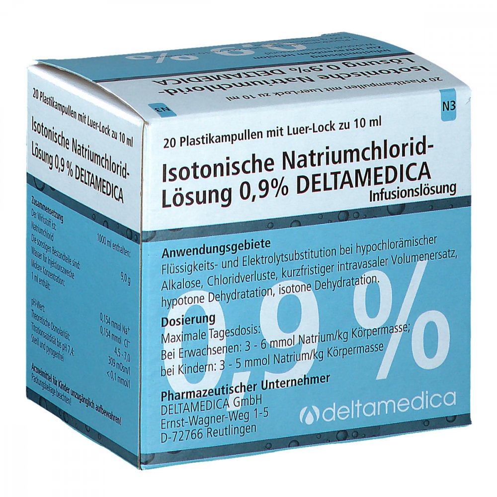 Das Produktfoto zeigt Isotonische Nacl 0,9% Deltam.Inf.L.Luer-Lo.Pl.Amp. (20X10 ml) PZN 14054301